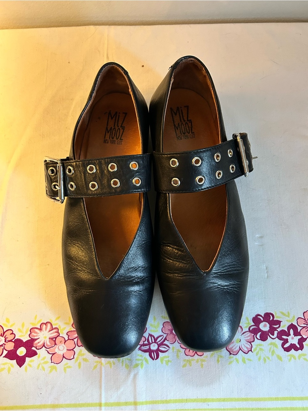 Miz Mooz Black Leather Zephyr Buckle Mary Jane Flats